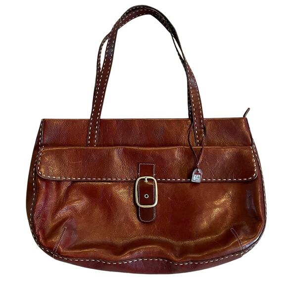 Vintage Handbags - VTG El Portal Y2K Brown Leather Contrast Stitching Big Buckle Shoulder Bag EUC